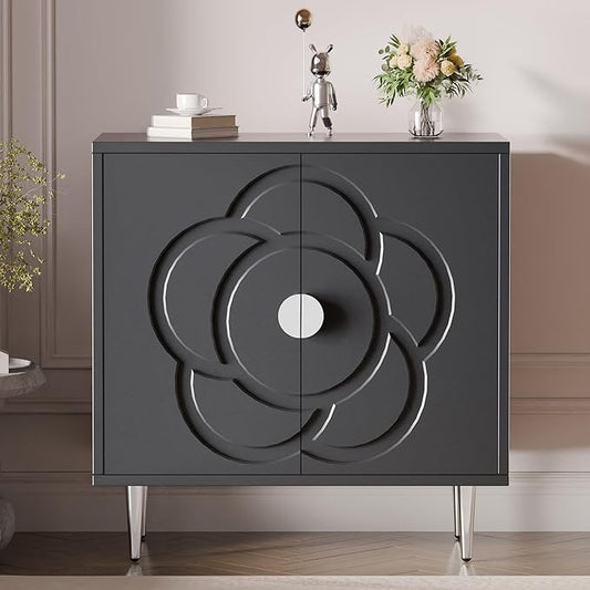 TOLEAD Storage Cabinet, Modern Sideboard Buffet Cabinet with Decorative Flower Pattern Doors, Accent Sideboard Cabinet for Living Room, Kitchen, Grey