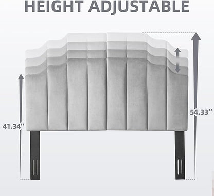 Velvet Upholstered Headboard Queen, Tufted Headboard, Elegantly Curved headboard only, Soft Padded headboards Queen Size, Modern Vertical Channel Design Head Board, Soft Grey