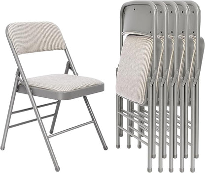 6 Pack Folding Chairs Fabric Dining Chair Set with Padded Cushion and Back, Indoor Outdoor Foldable Seat with Steel Frame for Home Office Events Wedding Party, Oatmeal Strip Seating