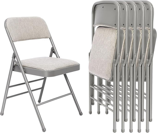 6 Pack Folding Chairs Fabric Dining Chair Set with Padded Cushion and Back, Indoor Outdoor Foldable Seat with Steel Frame for Home Office Events Wedding Party, Oatmeal Strip Seating