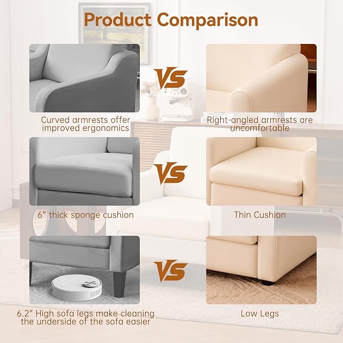 Accent Chair for Living Room, Modern Velvet Living Room Chairs with Wide Backrest, Upholstered Comfy Chair with Cushion, Oversized Sofa Chair with Wood Legs, Single Armchair, Grey