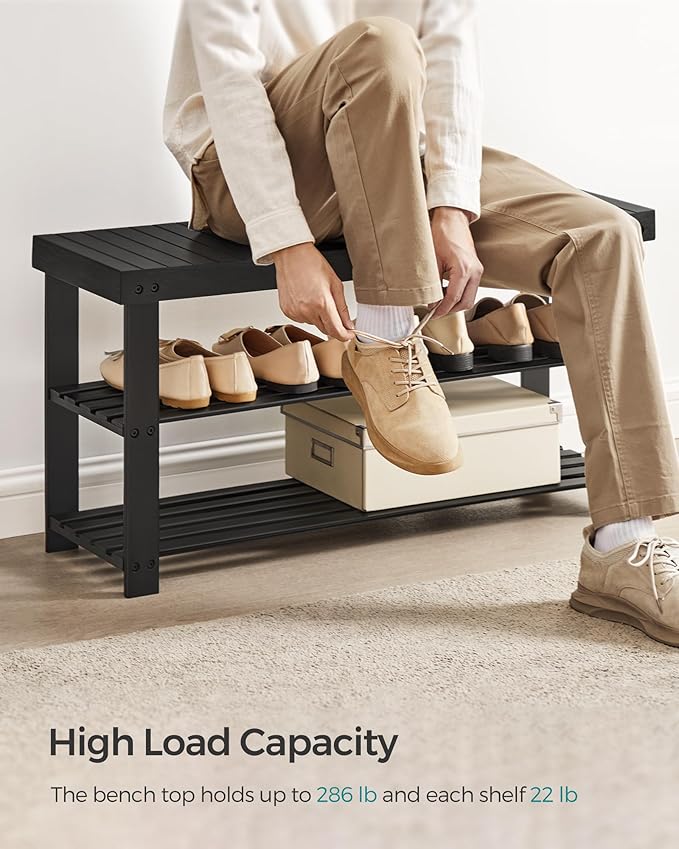 SONGMICS Shoe Rack Bench, 3-Tier Bamboo Shoe Storage Organizer, Entryway Bench, Holds Up to 286 lb, 11.3 x 35.4 x 17.8 Inches, for Entryway Bathroom Bedroom, Ink Black ULBS90B33