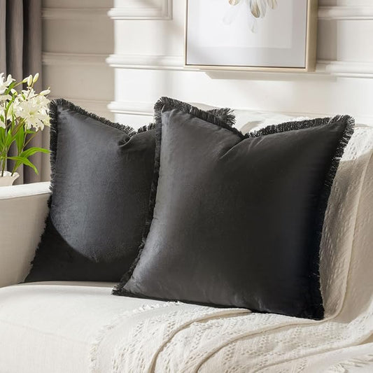 FUTEI Black Velvet Decorative Throw Pillow Covers 22x22 Set of 2,Soft Cozy Edge with Tassels Cushion Case,Boho Modern Home Decor for Couch Bed Living Room