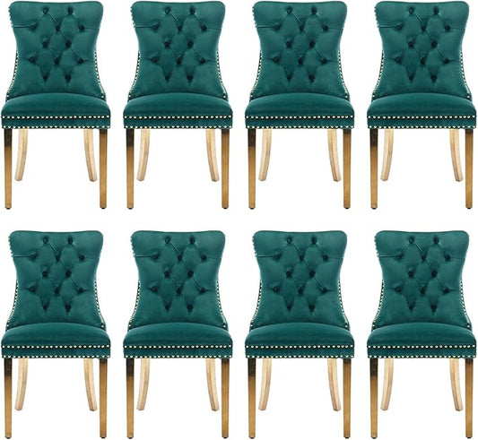 Velvet Upholstered Dining Chairs Set of 8, Modern Style Kitchen Side Chairs with Nailhead Trim and Gold Plated Leg, Metal Pulling Ring for Dining Room Living Room(Green)