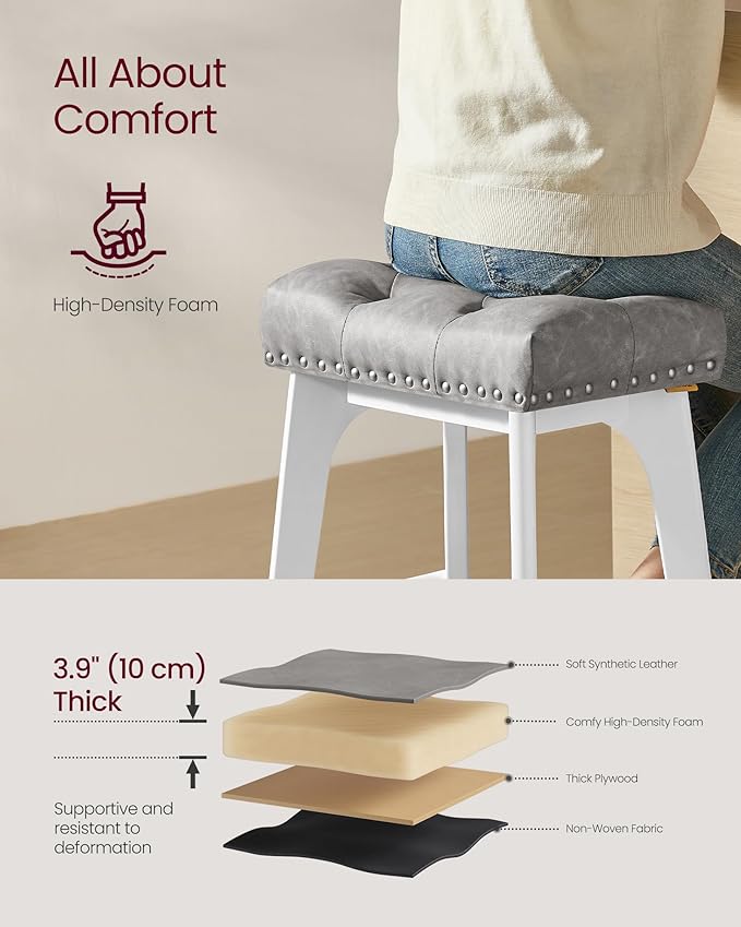 VASAGLE Bar Stools Set of 4, Saddle Counter Height Bar Stools, 26-Inch Backless Kitchen Stools with Wood Legs, PU Leather Thickened Upholstered Barstools for Kitchen Island Dining Room, Dove Gray
