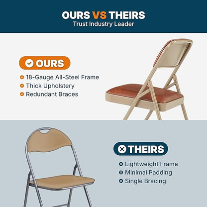 OEF Furnishings OEF1200 Series Premium Heavy Duty Vinyl Padded Folding Chairs, Commercial Grade 500 lb Capacity (4-Pack, Honey Brown)