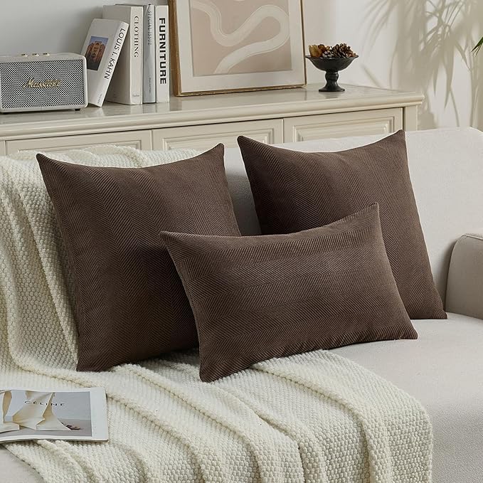 FUTEI Dark Coffee Chenille Throw Pillow Covers 12x20 Inch Set of 2,Soft Wide Chevron Textured Lumbar Pillow Cases,Farmhouse Home Decor for Couch Bed Living Room