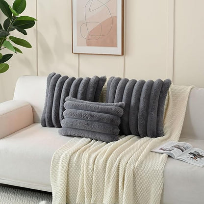 FUTEI Grey Decorative Throw Pillow Covers 20x20 Inch Set of 2, Square Soft Faux Rabbit Fur Thick Striped Cushion Cover,Winter Home Decor for Couch Bed Living Room