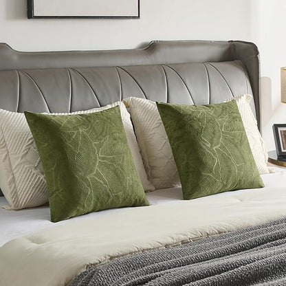 FUTEI Moss Green Velvet Throw Pillow Covers 24x24 Inch Set of 2,Soft Embossed Leaf-Relief Textured European Cushion Cases,Natural Home Decor for Couch Living Room