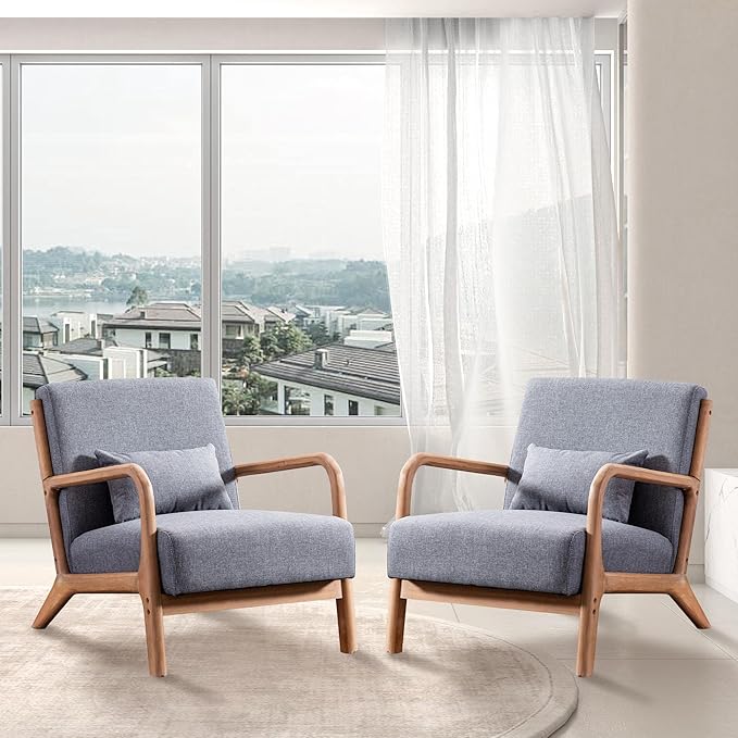 INZOY Mid-Century Modern Accent Chair Set of 2, Dark Grey Living Room Chairs with Waist Cushion, Upholstered Reading Armchair for Bedroom Sunroom