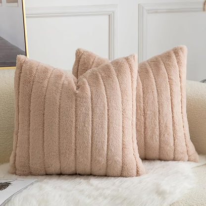 Pack of 2 Faux Fur Throw Pillow Covers 16x16 Inch Striped Decorative Soft Plush Couch Pillow Case Home Decor for Bed, Sofa, Living Room Beige