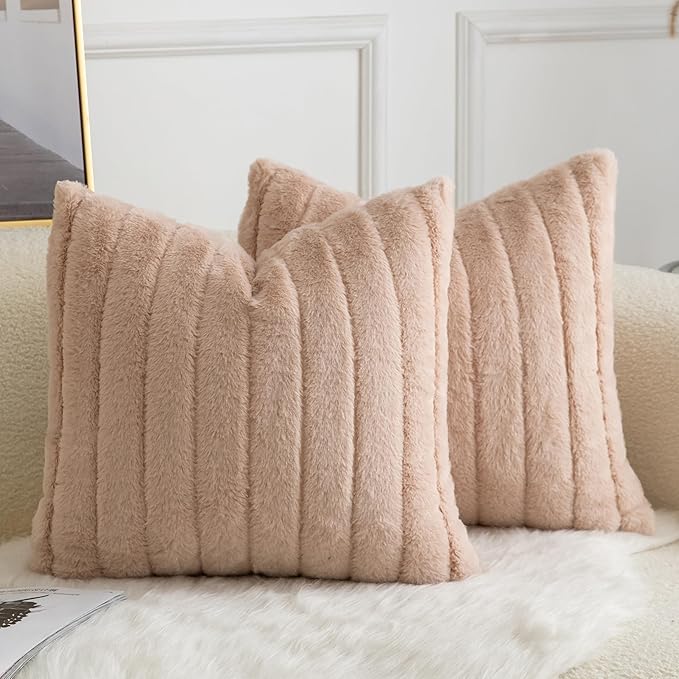 Pack of 2 Faux Fur Throw Pillow Covers 22x22 Inch Striped Decorative Soft Plush Couch Pillow Case Home Decor for Bed, Sofa, Living Room Beige