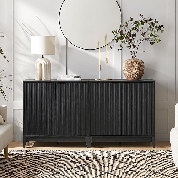 mopio Brooklyn Storage Cabinet, Modern Farmhouse Entryway Accent Case, Buffet Sideboard, Console Table, Credenza, Wood Modular Organizer with Doors & Shelf, Fluted Panel Cupboard (Black, Single)