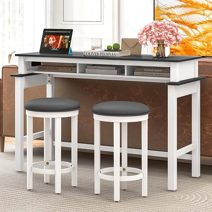 COSTWAY Upholstered Bar Stools Set of 4, 25” Counter Height Bar Chairs with Padded Cushion & Wooden Frame, Faux Leather Backless Stools for Kitchen, Dining Room, Pub, White + Grey