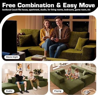 106" Cloud Sectional Couch with L-Shape Chaise & Ottoman, No Assembly Modular Sofa, Deep Seat Corduroy Boneless Couched for Living Room (Green Cloudy Velvet, Left Facing Chaise with Ottoman)