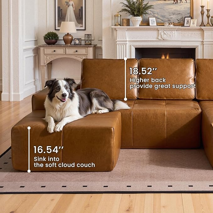 114" Cloud Sectional Couch with L-Shape Chaise & Ottoman, Modern Boneless Couches for Living Room, Fluffy Tufted Deep Seat Modular Sofa No Assembly (Faux Leather,Brown,Right Facing)