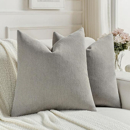 FUTEI Smoke Gray Chenille Decorative Throw Pillow Covers 18x18 Inch Set of 2,Soft Cozy Faux Linen Textured Cushion Case,Farmhouse Home Decor for Couch Living Room
