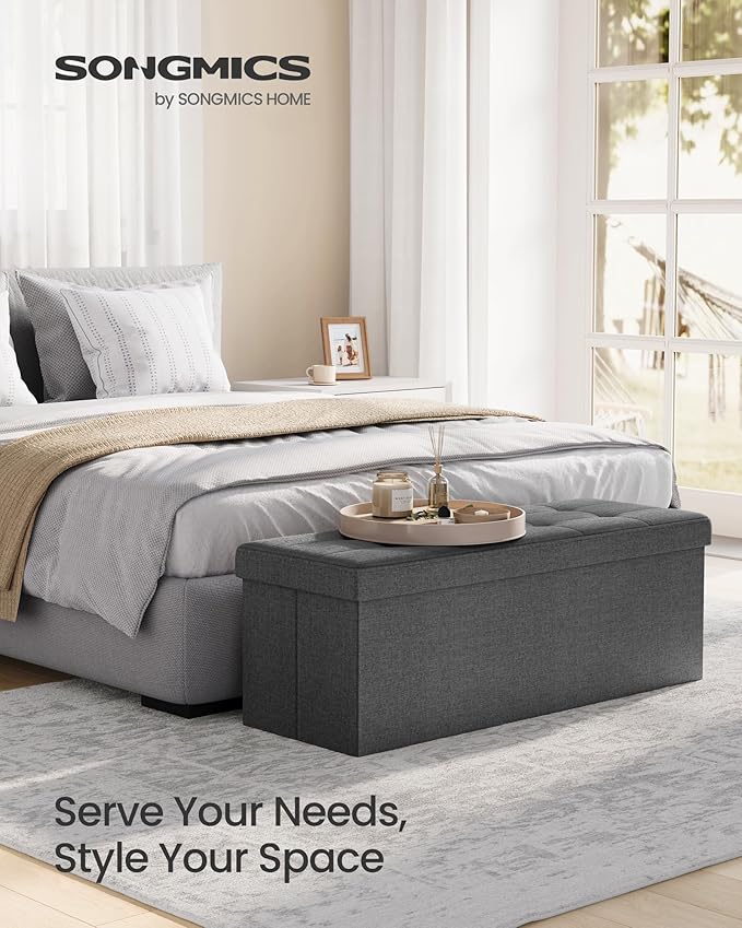 SONGMICS MAZIE Collection - 43 Inches Folding Storage Ottoman Bench, Ottoman Foot Rest, End of Bed Bench, Storage Chest, Load 660 lb, for Living Room, Bedroom, Entryway, Dark Gray ULSF77K