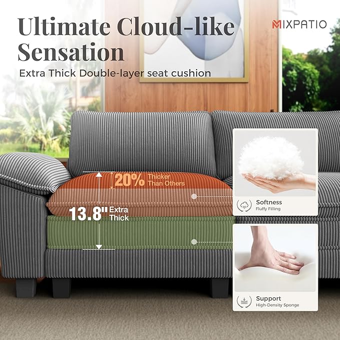 157.5" Cloud Modular Sectional Sofa, 4-Seater w/Deep Seat & Removable Arms, Plush Corduroy for Living Room - Gray