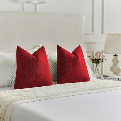 FUTEI Christmas Red Chenille Decorative Throw Pillow Covers 20x20 Inch Set of 2,Soft Cozy Faux Linen Textured Cushion Case,Farmhouse Home Decor for Couch Living Room