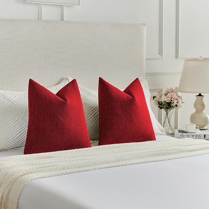 FUTEI Christmas Red Chenille Decorative Throw Pillow Covers 16x16 Inch Set of 2,Soft Cozy Faux Linen Textured Cushion Case,Farmhouse Home Decor for Couch Living Room