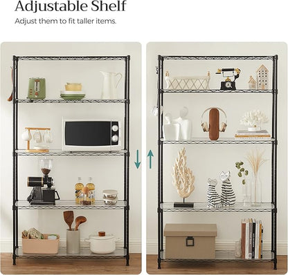 SONGMICS 5-Tier Storage Unit, Wire Shelving, Kitchen Metal Rack With Adjustable Shelves, Shelf Liners, 8 Hooks, for Garage, 11.8 x 35.4 x 63 Inches, Black ULGR095B01