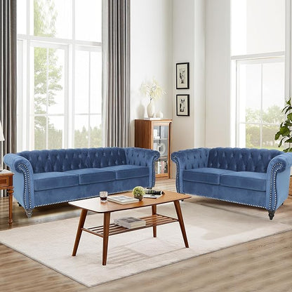Home Sofa Living Room Furniture, 3 Seater 84" Velvet Upholstered Couch, Mid Century Modern Comfy Couch with Cushions, Classic Tufted Chesterfield Couches for Bedroom, Office, Apartment (Blue)