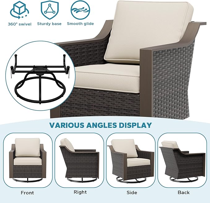 Patio Metal Swivel Chairs Set of 2, Wicker Conversation Furniture Set, Upholstered & 360 Degree Glider Rockers Armchairs, PE Rattan, Metal armrests, Terrace (Beige and Brown Stripe)