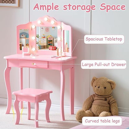 Kids Vanity Set, Kids Vanity Table and Chair Set with Stool and Light, 2 in 1 Wooden Kids Make Up Vanity Desk, Princess Makeup Table with Drawer for Girls