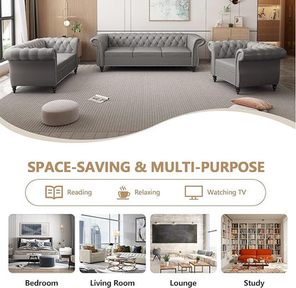 Chesterfield 3 Seater Sofa, Modern Leather Tufted Couch 3 Seater with Rolled Arms and Nailhead Mid-Century Upholstered Couch for Living Room, Bedroom, Apartment and Office, Grey