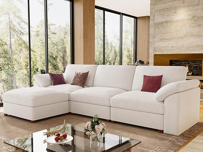 EASE MOOSE White Modular Sectional Sofa, FSC Certified Extra Large L Shape Sectional Couch, Comfty Wide Deep Modular Cloud Sofa with Ottoman, Removable and Washable