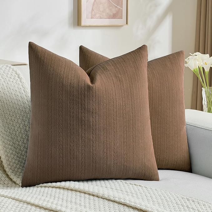 FUTEI Dark Brown Decorative Throw Pillow Covers 22x22 Inch Set of 2,Soft Cozy Wheat Ear Striped Patterns Cushion Cases,Modern Home Decor for Couch Bed Living Room