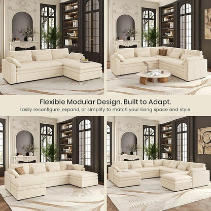 Belffin Large Modular Sectional Sofa with Double Deep Chaise, 104" Corduroy U Shaped Couch with 9" Soft Dual-Layer Seats Cushion Sectional Couches for Living Room, Apartment, Beige