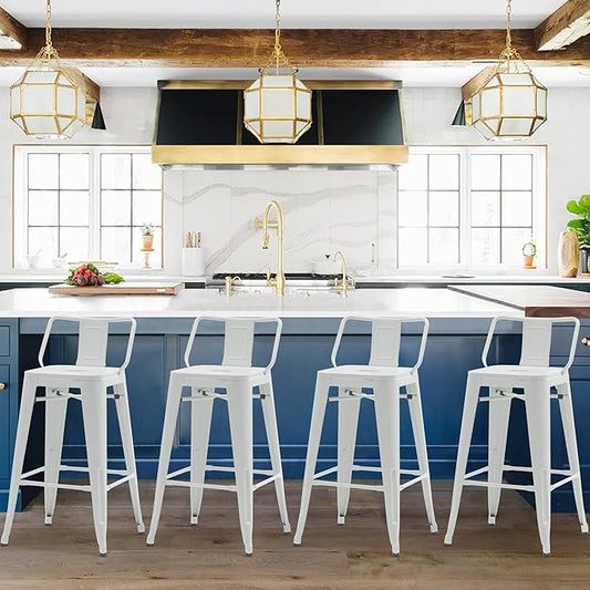 HAOBO Home Modern Industrial Metal Stool [Set of 4] for Indoor/Outdoor Dining Chair (30", Low Back White)