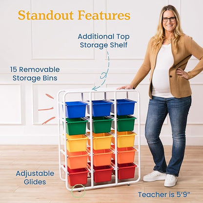 ECR4Kids 5-Tier Storage Rack with 15 Cubby Bins 5x3, Multipurpose Organization, Assorted
