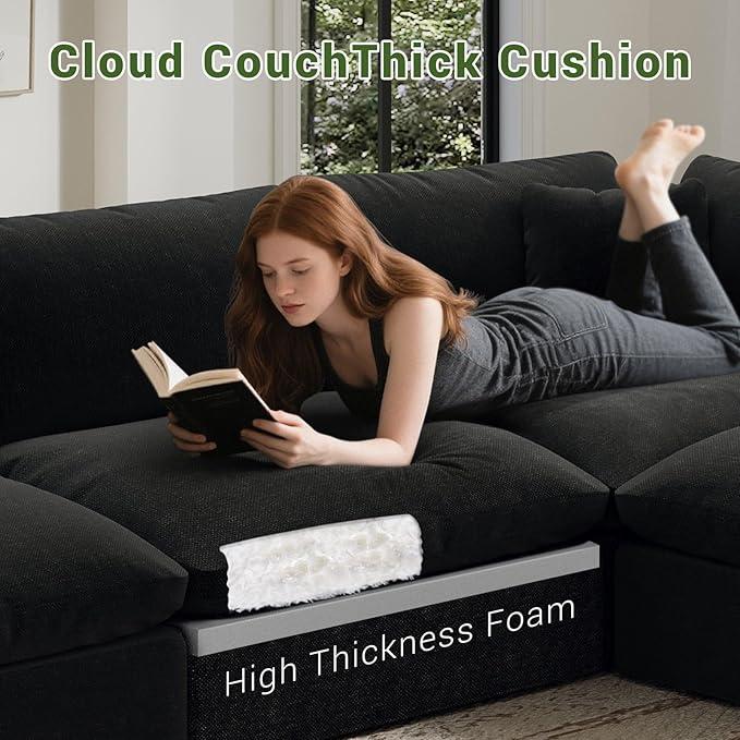Oversize Cloud Modular Sectional Sofa,110.8" L Shape 3 Seaters with Chaise Down Filled Comfort Sofa Detachable Couch Cushion Covers for Living Room,Black 1