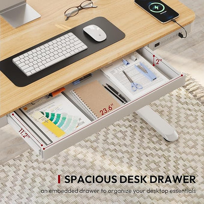 Standing Desk with Drawer, Electric Height Adjustable Home Office Desk with Storage & USB Ports, 55 inch Maple Wood Tabletop/White Frame
