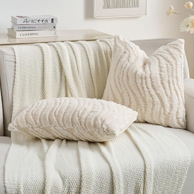 FUTEI Cream Decorative Throw Pillow Covers 22x22 Inch Set of 2,Soft Faux Fur Geometric Shapes Texture Cushion Case,Boho Home Decor for Couch Bed Living Room