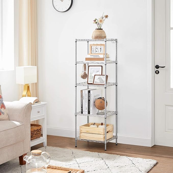 SONGMICS 5-Tier Storage Shelves, Wire Shelving Unit, Kitchen Metal Shelves, Storage Rack with Adjustable Shelves, Shelf Liners, 8 Hooks, for Garage, 11.8 x 15.7 x 47.6 Inches, Silver ULGR115E01