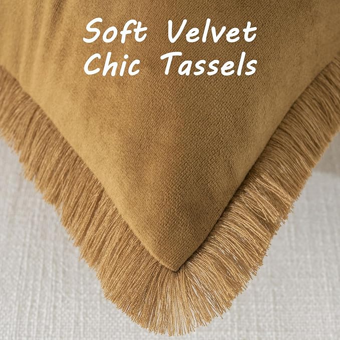 FUTEI Brown Velvet Decorative Throw Pillow Covers 26x26 Set of 2,Soft Cozy Edge with Tassels Euro Pillow Shams,Boho Modern Home Decor for Couch Bed Living Room