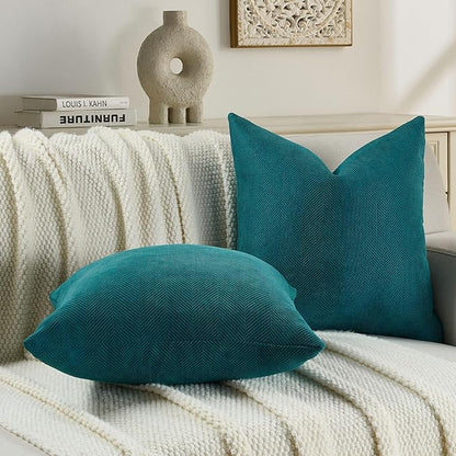 FUTEI Teal Chenille Throw Pillow Covers 24x24 Inch Set of 2,Soft Wide Chevron Textured European Pillow Shams,Farmhouse Home Decor for Couch Bed Living Room