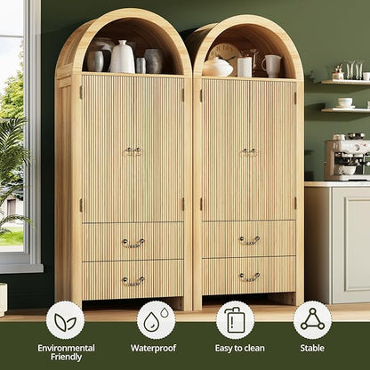 FURSUN 71" Tall Fluted Arched Bookshelf with Doors, Wood Pantry Storage Cabinet with 2 Large Drawers, Modern Versatile Bookcase for Living Room, Kitchen, Dining, Natural Oak