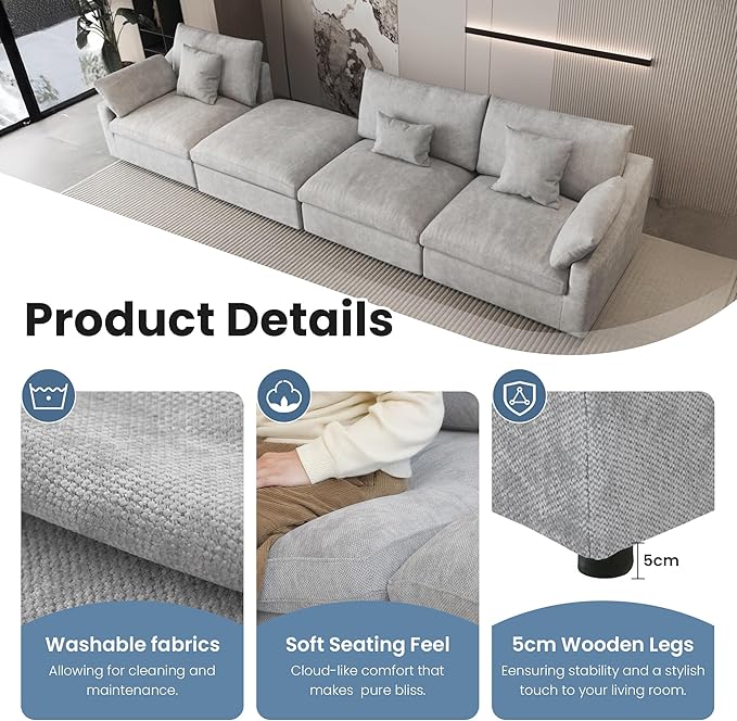 Oversized Modular Sectional Sofa with Chaise,192inch Cloud Couch Deep Seat Sofa Cushion Covers Removable, Down Filled Linen 9 Seater Sectional Couches for Living Room, Gray