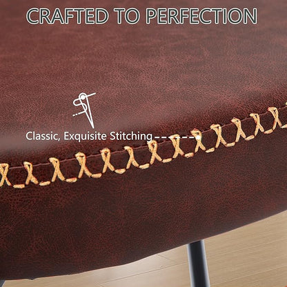 Rattan Dining Chairs Set of 2, Wine Leather Upholstered Dining Chairs with Rattan Cane Back, Mid Century Modern Dining Room Chairs with Black Metal Legs & D-Shaped Thicken Cushion, Wine