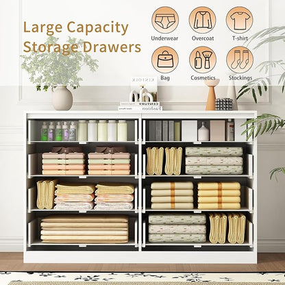 3-Piece Modern Bedroom Furniture Set, Wide 8-Drawer Dresser & 2-Drawer Nightstands Set of 2, Natural Wood Dresser and Nightstand Sets for Bedroom, Hallway, White