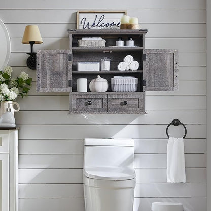 ACCOHOHO Bathroom Wall Cabinet, Farmhouse Medicine Cabinet, 24" Wide Cabinet with Drawer, Adjustable Shelf, Double Barn Doors, Storage Cabinet for Bathroom, Kitchen, Living Room, Grey Wash