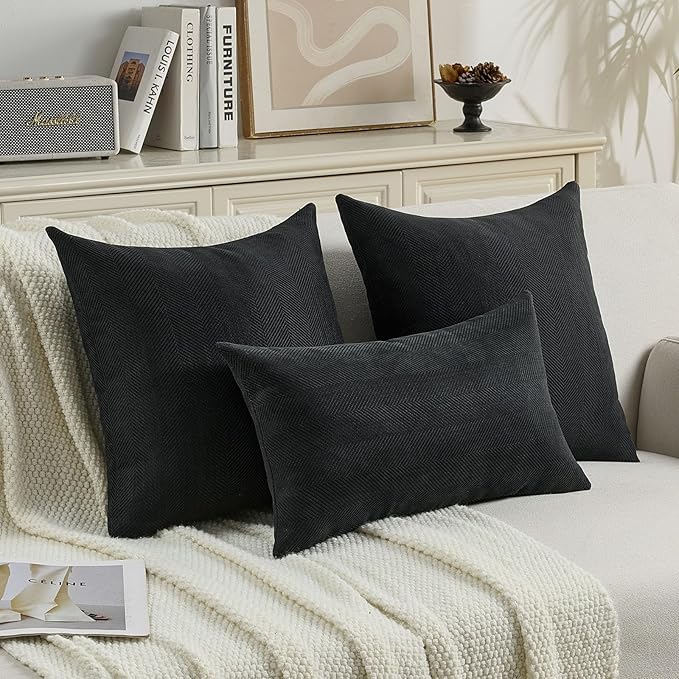 FUTEI Black Chenille Throw Pillow Covers 24x24 Inch Set of 2,Soft Wide Chevron Textured European Pillow Shams,Farmhouse Home Decor for Couch Bed Living Room