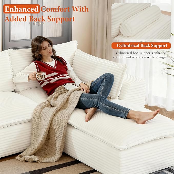 108" Sectional Couches for Living Room Boneless Couch Upholstered Cloud Couch Sectional Modular Sectional Sofa with L Shaped (Corduroy-White, 4 Seat+2 Ottoman)