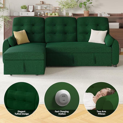 Ucloveria Sleeper Sofa Bed, 86" Convertible Sectional Sofa Couches for Living Room, Pull Out Couch Bed with Reversible Storage Chaise | USB Ports | Side Pockets | Removable Backrest