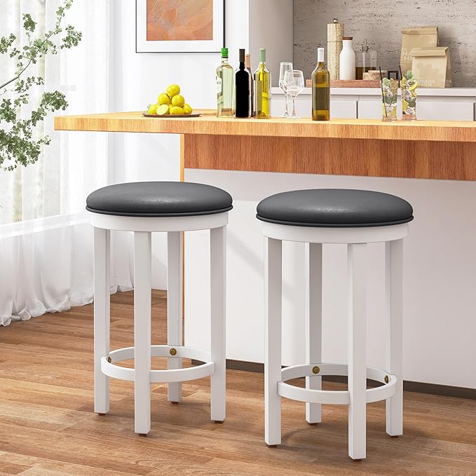 COSTWAY Upholstered Bar Stools Set of 4, 25” Counter Height Bar Chairs with Padded Cushion & Wooden Frame, Faux Leather Backless Stools for Kitchen, Dining Room, Pub, White + Grey